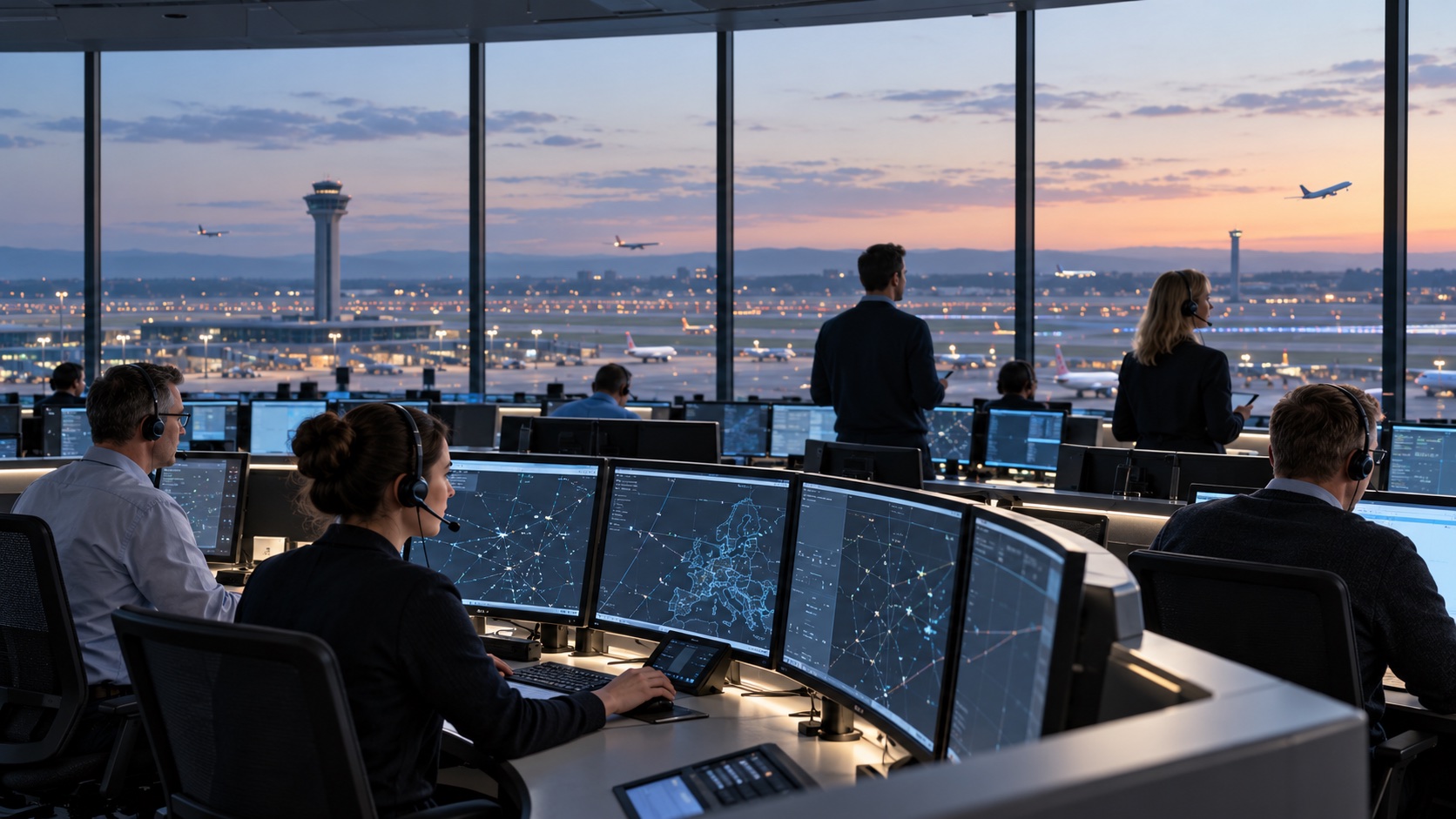 European air-traffic network managers coordinating flights across shared airspace