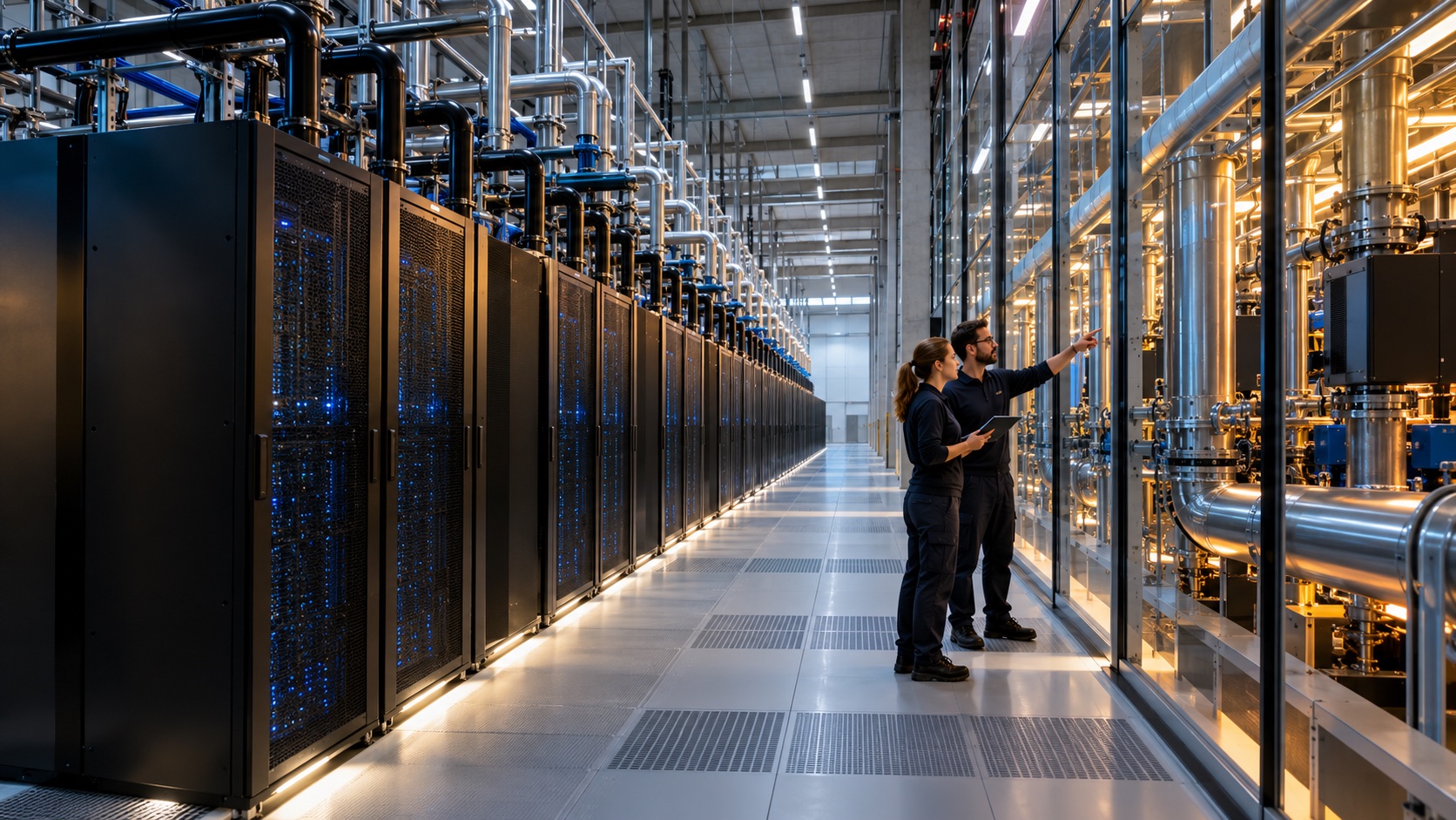 Engineers beside rows of liquid-cooled supercomputer cabinets