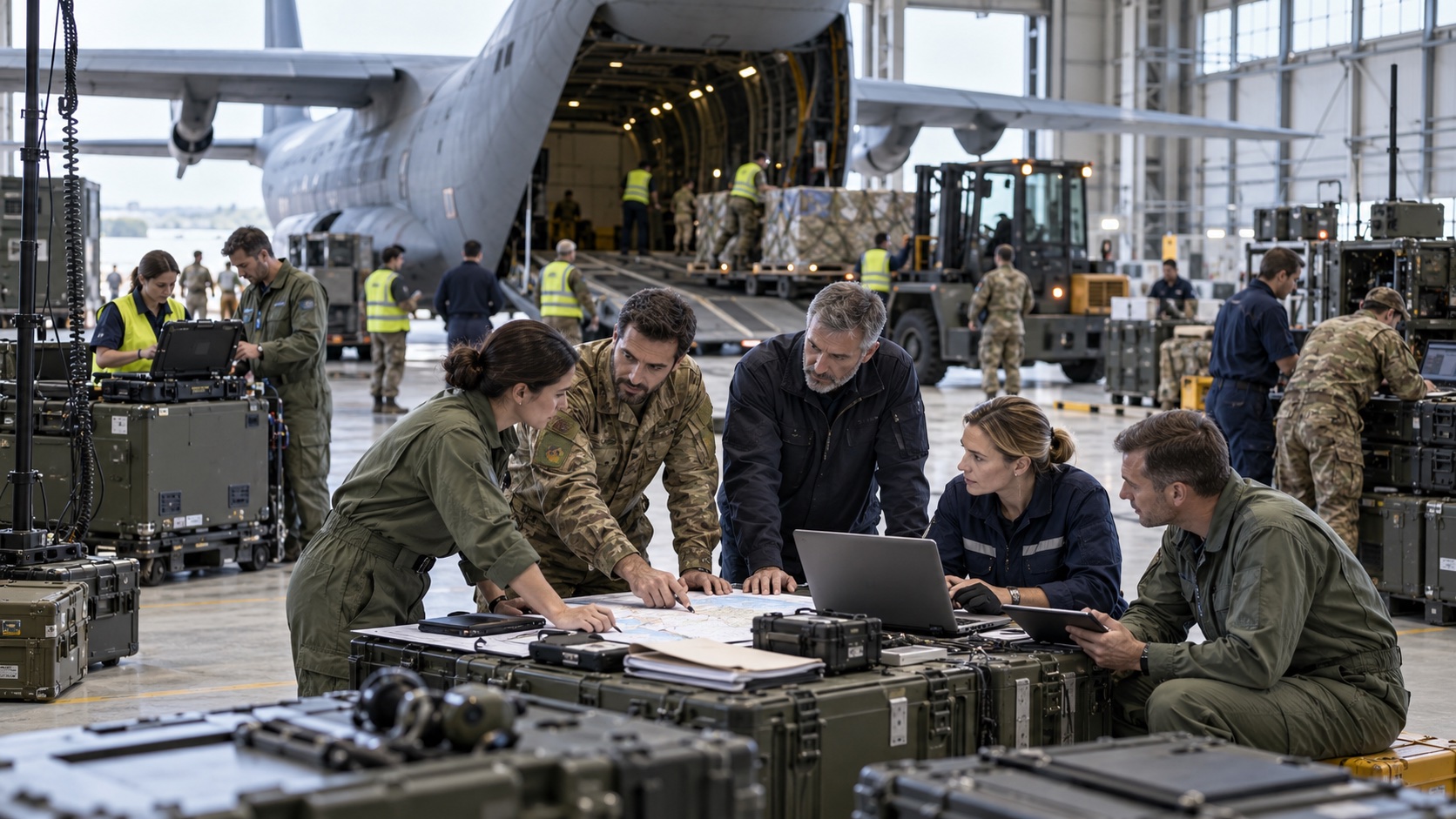 European military and civilian specialists coordinating shared logistics in an aircraft hangar