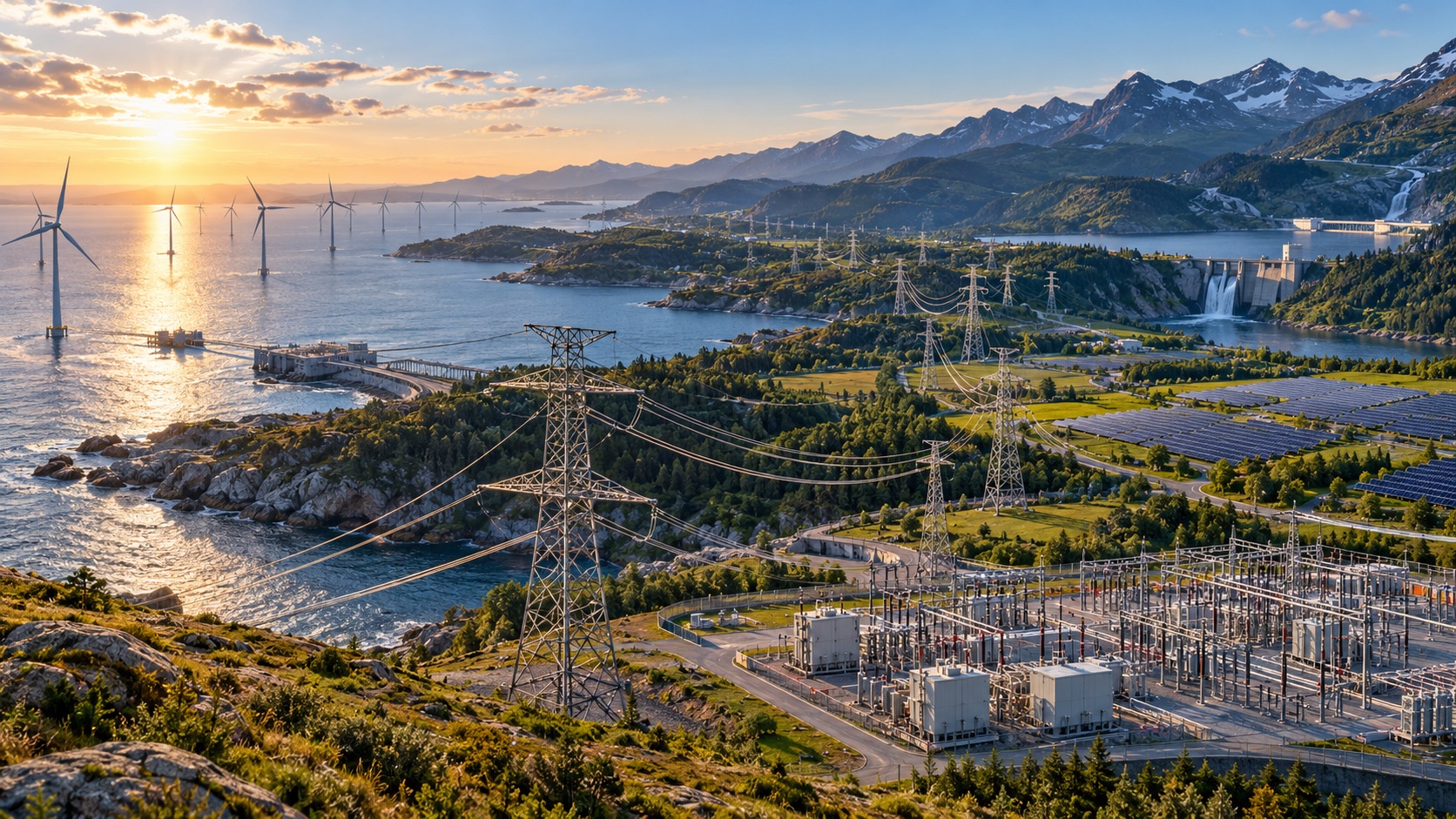 Power lines connecting wind, solar and hydropower across a European landscape