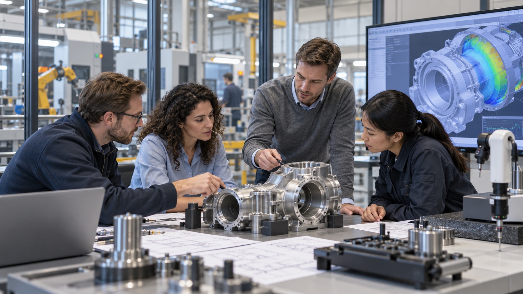 A European engineering team inspecting precision components and digital models