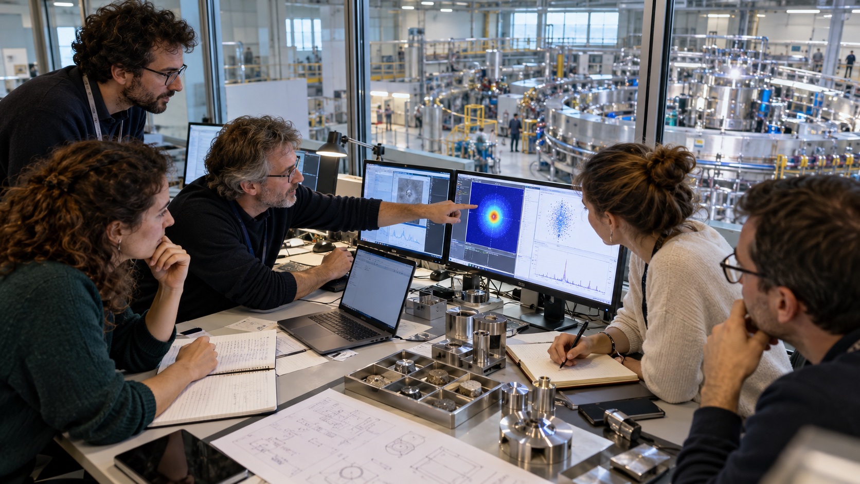 European researchers jointly interpreting experimental results at a shared scientific facility