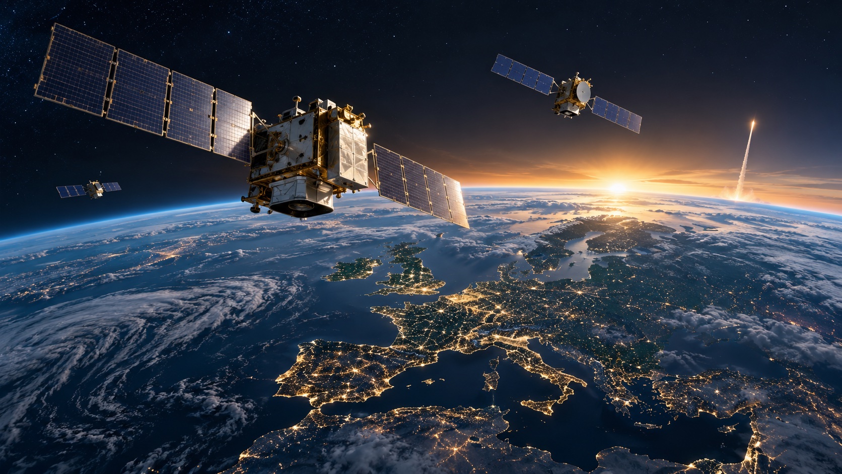European satellites in orbit above the continent with a launch rising in the distance
