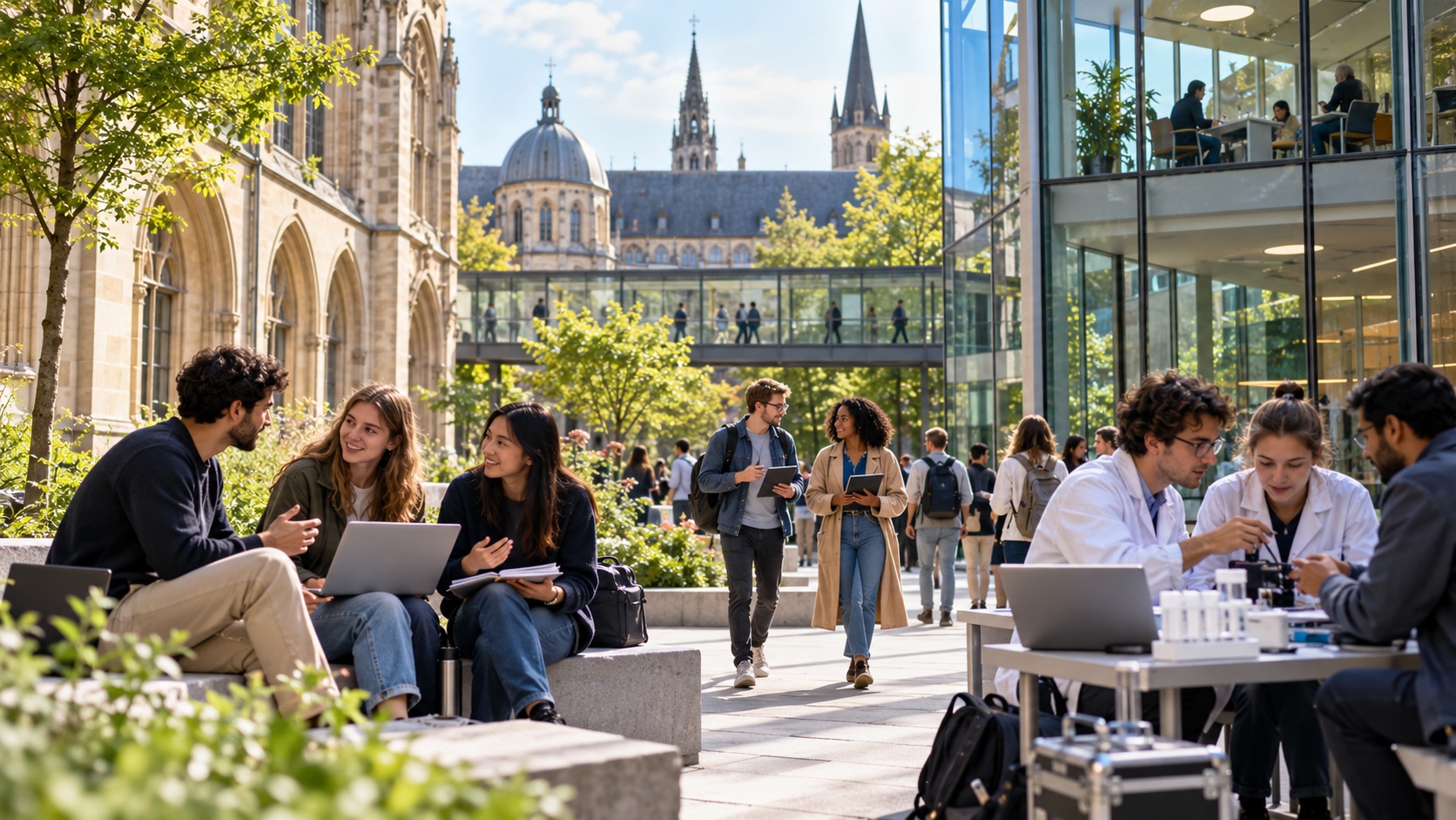 Students from different backgrounds collaborating on a European university campus