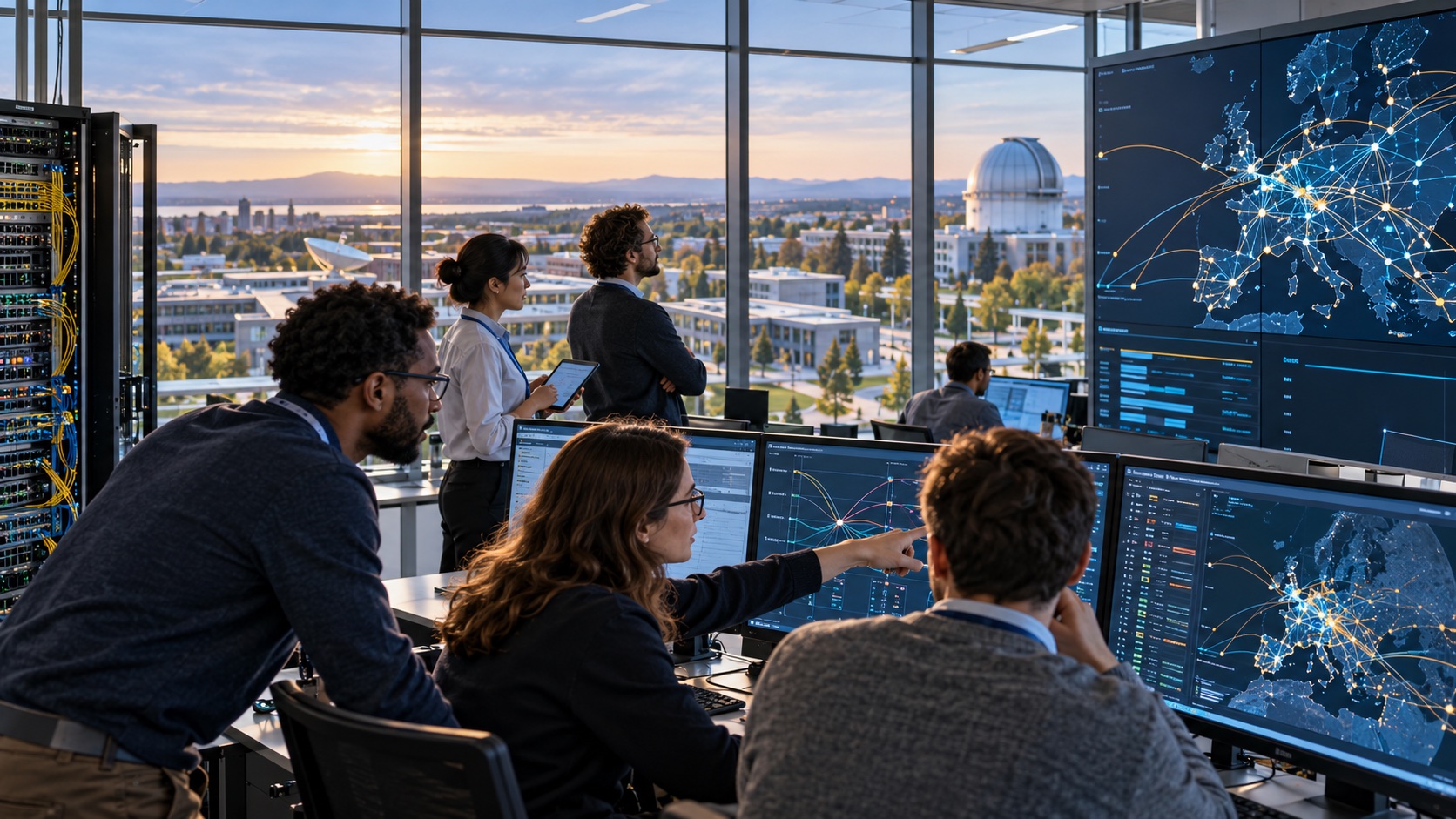 Network engineers and researchers coordinating high-capacity data links across European campuses