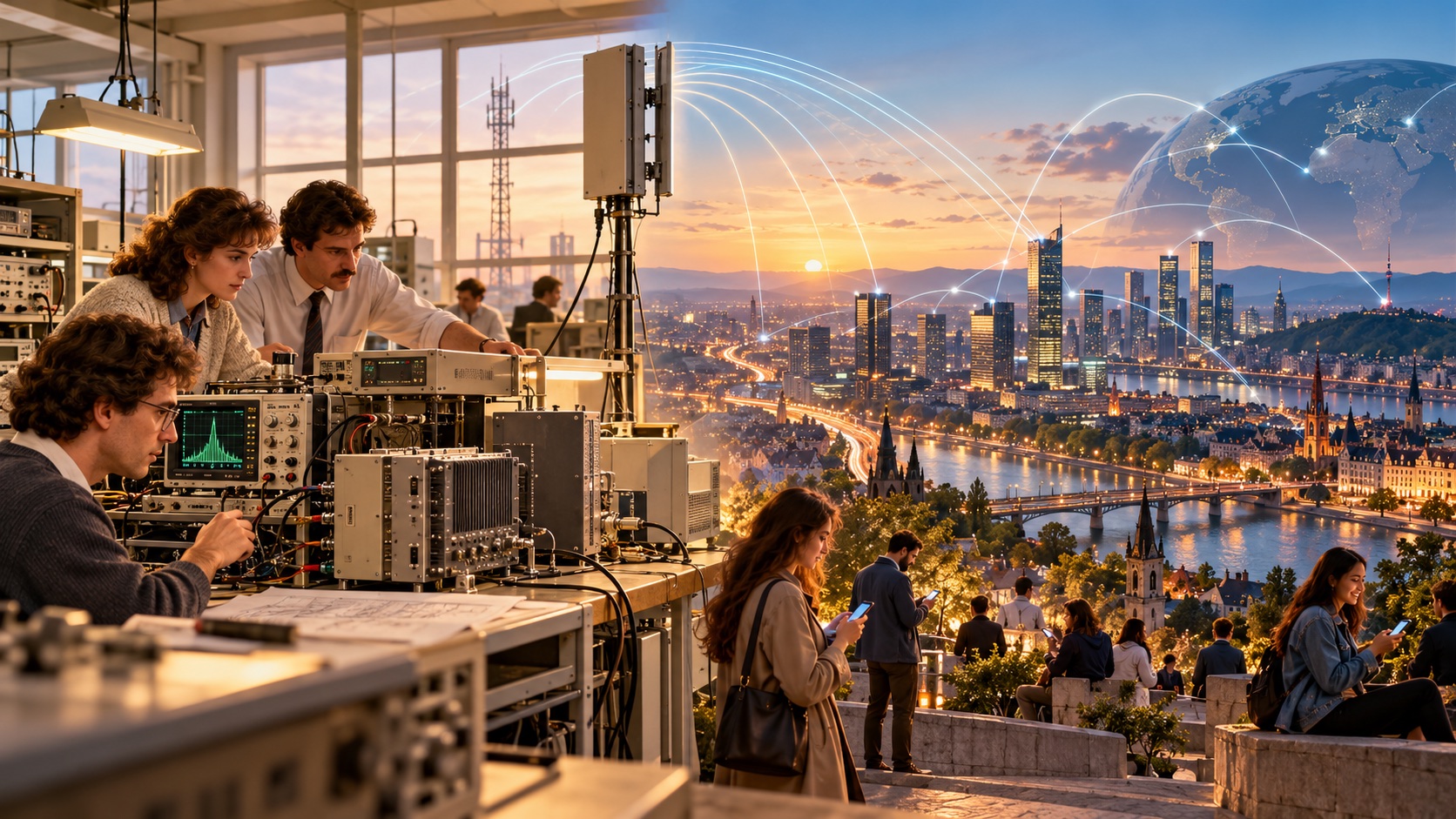 Telecommunications engineers developing early cellular equipment beside a connected modern city