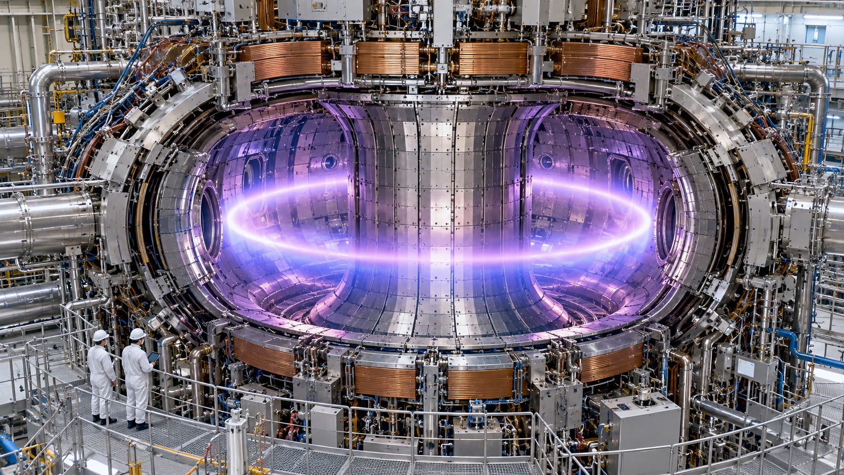 A large tokamak vessel with a glowing plasma visualisation and engineers nearby