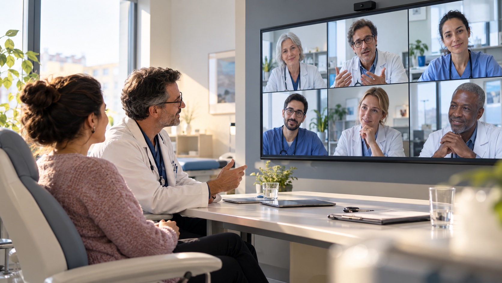 A patient and local doctor consulting a multinational team of European medical specialists by secure video