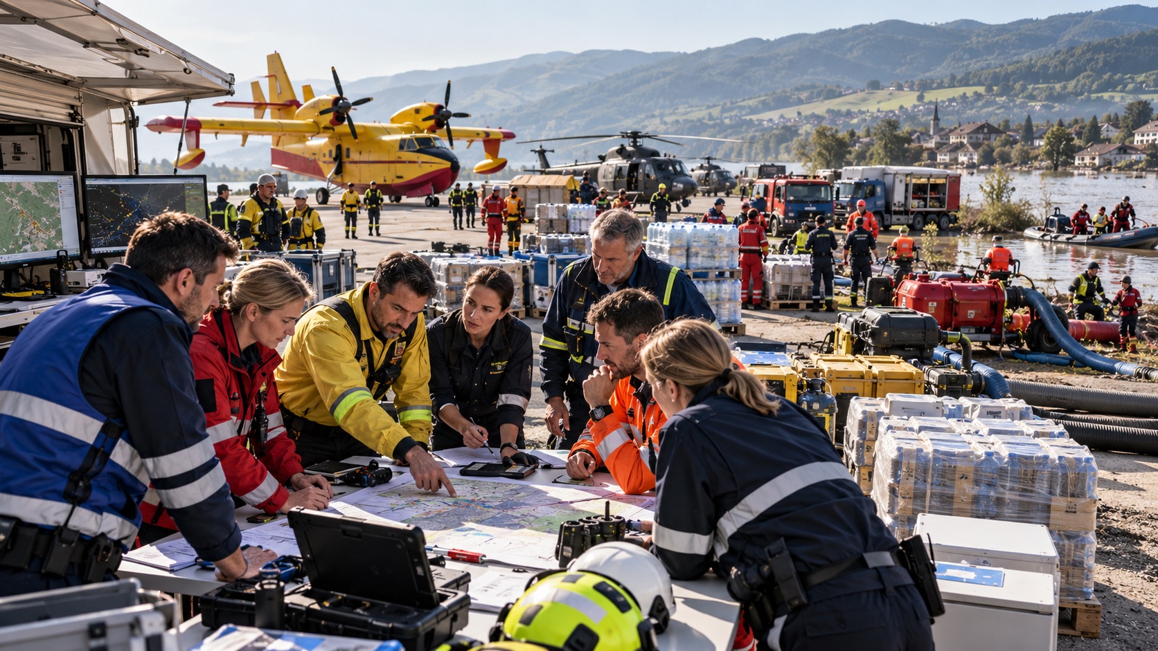 European emergency teams coordinating aircraft, rescue vehicles and relief equipment