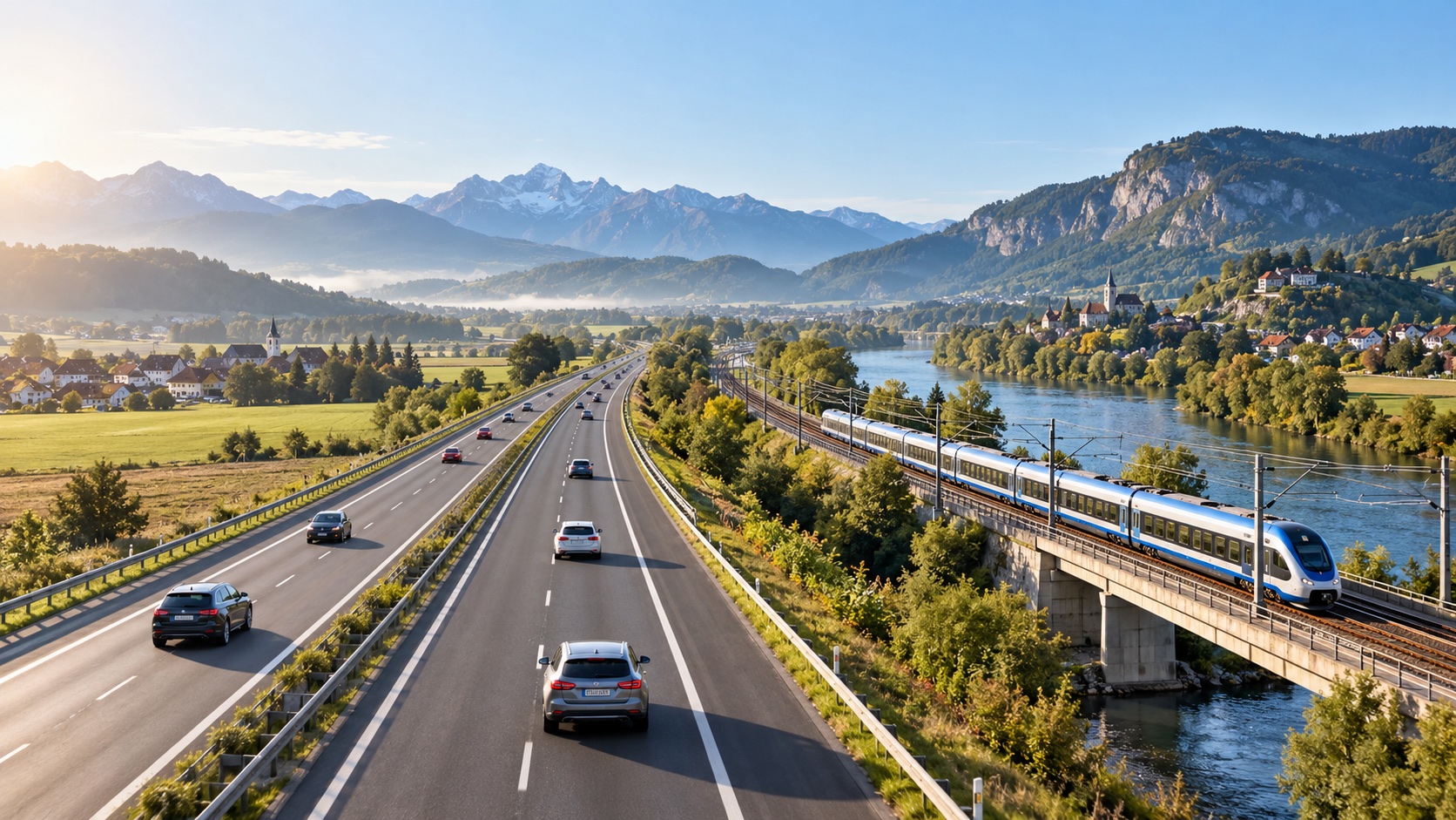 Cars and a passenger train moving freely through a European cross-border landscape