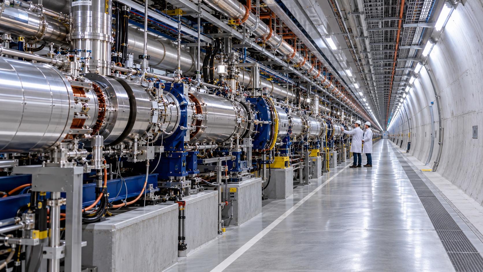 A long underground accelerator tunnel with scientific equipment and researchers